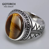 Genuine Solid Men's Ring Silver s925 Retro Vintage Turkey Rings With Natural Tiger Eye Stones Turkish Jewelry 925 Silver Jewelry