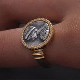 S925 Silver Gold Plating Cameo Ring with Zircon Women Opening Type Vintage Round Coin Rings Fine Jewelry Gift - GQTORCH Jewelry