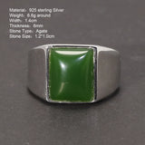 Real 925 Sterling Silver Green Agate Ring for Men Square Shape Natural Gemstone Band Minimalism Jewelry