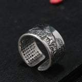 Real 990 Pure Silver Mens Biker Rings With Elephant Engraved Vintage Punk Style Heart Sutra Engraved Buddhism Animal Jewelry