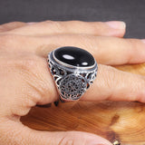 Real Solid 925 Sterling Silver Black Ring Men Vintage Hollow Flowers Rings Open Natural Onyx Stone Large Oval Shape Male Jewelry