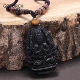 Natural Black Obsidian Pendant Necklace for Men Women Buddha Engraved Chinese Zodiac Talisman Brown Rope Buddhist Jewelry - GQTORCH Jewelry