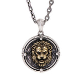 Real 925 Sterling Silver Lion Head Round Pendant Necklace for Men Brass (Yellow Part) Animal Punk Jewelry