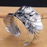 Bracelets for Women Silver 925 Sterling Opening Cuff Retro Exaggerated Large Bangle Embossed Lotus Leaves and Dragonfly