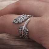 925 Sterling Silver Feather Open Finger Ring for Women Men Adjustable Minimalist Retro Leaf Shaped Fashion Jewelry