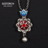 925 Sterling Silver Six-character Amulet Pendant Necklace Enameling Lotus Rotatable Women's Buddhist Jewelry