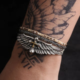 3pcs/set 925 Sterling Silver Feather Angle Wing Bangle Beads Rope Braided Bracelet Vintage Stackable Punk Rock Biker Jewelry