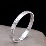 999 Sterling Silver Lotus Bangle Six Words Embossed Opening Cuff Bracelet For Women Mantra Buddhist Jewelry