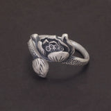 999 Pure Silver Lotus Open Ring Cuff Bangle Bracelet Jewelry Set for Women Vintage Style Buddhist Jewelry Gift for Mom Lady
