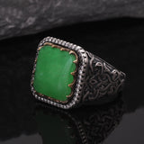 Solid S925 Silver Vintage Natural Stone Signet Ring Red Black Agate Green Jade Flower Engraved Fashion Turkish Wedding Jewelry