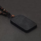 Natural Obsidian Tag Pendant Necklace for Men Prajna Paramita Sutra Engraved Tiger Eye Rope Chain Vintage Buddha Jewelry