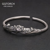 Solid 999 Pure Silver Lotus Open Bracelet for Women Elegant Vintage Retro Ethnic Style Jewelry Birthday Gift for Lady