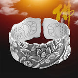 120g Heavy Solid 999 Pure Silver Fish Lotus Cuff Bracelet Engraved Heart Sutra Thick Vintage Thai Silver Bangle Buddhist Jewelry