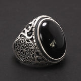 Real Solid 925 Sterling Silver Black Ring Men Vintage Hollow Flowers Rings Open Natural Onyx Stone Large Oval Shape Male Jewelry