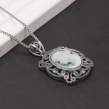 925 Sterling Silver Cameo Goddess Necklace for Women Green Agate Big Pendant White Shell Engraved Vintage Antiqued Jewelry