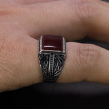 925 Sterling Silver Rings Mens Rings Vintage Flower Engraved Black Green Red Natural Onyx Stone Square Shape Punk Turkey Jewelry