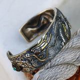 Retro Ethnic Style Craftsman Silver Handmade S925 Sterling Silver Dragon Playing A Ball Men's Personality Wide Bracelet