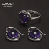 Real S925 Sterling Silver Natural Amethyst Heart Ring Drop Earrings for Women Girl Vintage Fashion Jewelry Set