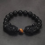 Natural Obsidian Stone Beads Pixiu Bracelet for Men Black/Gold Obsidian Vintage Chinese Fengshui Wealth and Luck Jewelry