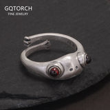 Real 925 Sterling Silver Frog Ring with Red Garnet for Women and Men Adjustable Retro Antiqued Creative Animal Jewelry
