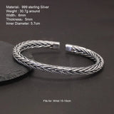 Sterling Silver 999 Twisted Woven Bracelet Bangle for Men and Women Braided Antique Hemp Rope Punk Rock Jewelry