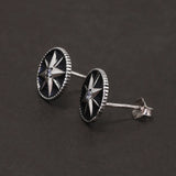 9mm 925 Sterling Silver Star Black Enamel Round Shaped Stud Earrings for Men Women Sun Ear Studs Punk Retro Fashion Jewelry