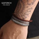 3pcs/set 925 Sterling Silver Retro Braided Open Bangle with Brown Lucky Knot Rope Men's Stack Bracelet Vintage Party Jewelry
