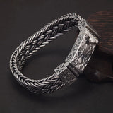 100% S925 Sterling Silver Wide Braided Charm Bracelet for Men Antique Thai Silver Symbol Woven-Chain Handmade Fine Jewelry