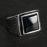 925 Sterling Silver Mens Ring with Black Natural Agate Stone Simple Geometric Design Wedding Rings for Men Size 7-13