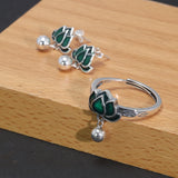 S925 Sterling Silver Vintage Enameled Lotus Earrings Ring Set Women's Fashion Ethnic Style Adjustable Jewelry