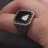 Solid S925 Silver Vintage Natural Stone Signet Ring Red Black Agate Green Jade Flower Engraved Fashion Turkish Wedding Jewelry