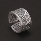 999 Pure Silver Lotus Ring Heart Sutra Engraved Adjustable Men Women Lucky Runes Vintage Retro Buddhism Jewelry