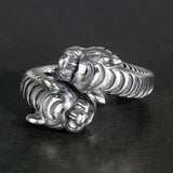 Real Pure 925 Sterling Silver Men's Rings Double Tiger Heads Retro Punk Rock Opening Adjustable Biker Rings Fine Jewelry