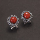 925 Sterling Silver Red Agate or Jade Floral Jewelry Set for Women Begonia Flower Ring Earrings Necklace Elegant Vintage Jewelry