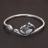 999 Pure Silver Lotus Open Ring Cuff Bangle Bracelet Jewelry Set for Women Vintage Style Buddhist Jewelry Gift for Mom Lady