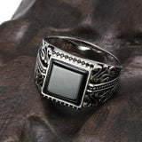 925 Sterling Silver Rings Mens Rings Vintage Flower Engraved Black Green Red Natural Onyx Stone Square Shape Punk Turkey Jewelry