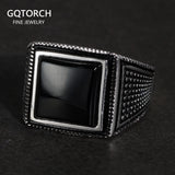 925 Sterling Silver Mens Ring with Black Natural Agate Stone Simple Geometric Design Wedding Rings for Men Size 7-13