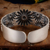 Real Pure 999 Sterling Silver Bangles for Women Large Chrysanthemum Embossed Opening Cuff Fine Jewelry