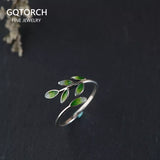 Real 925 Sterling Silver Green Enamel Leaf Ring Adjustable Ring Elegant Fine Jewelry For Women Party Accessories