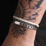 3pcs/set 925 Sterling Silver Cuff Bangle Men's Stack Bracelet Black White Braided Knot Rope Handwoven Simple Fashion Jewelry