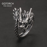 999 Pure Silver Domineering Dragon Ring for Men Adjustable Open Ring Antiqued Vintage Gothic Punk Male Jewelry