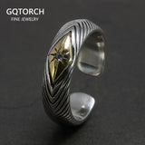 Genuine Pure 925 Sterling Silver Jewelry Retro Wave Stripe Men's Zircon Adjustable Thai Silver Ring