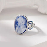 925 Sterling Silver Blue Agate Goddess Cameo Ring for Women White Shell Oval Shaped Fashion Statement Ring Vintage Jewelry