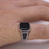 Genuine Solid 925 Sterling Silver Turkish Rings For Men Black Band With Stone Square Natural Onyx Vintage Male Jewelry Anelli