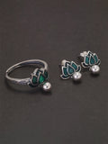 925 Sterling Silver Green Lotus Ring Earrings with Dangle Bead Enameled Women's Vintage Fashion Elegant Jewelry Set