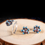 S925 Sterling Silver Retro Cloisonne Lotus Earrings for Women Fashion Ethnic Style Enameling Stud Earrings