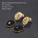 Vintage 925 Sterling Silver Onyx Drop Earrings for Women 18k Gold Plated Luxury Elegant Party Jewelry Gift for Ladies