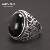 Real Solid 925 Sterling Silver Black Ring Men Vintage Hollow Flowers Rings Open Natural Onyx Stone Large Oval Shape Male Jewelry