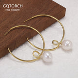 925 Sterling Silver Large C Shaped Hoop Earrings with Pearl Gold Plated Simple Round Circle Earrings Women Girl Fashion Jewelry