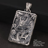 999 Sterling Silver Men's Vintage Auspicious Cloud Square Pendant Carved Dragon and Phoenix Vintage Punk Rock Lucky  Jewelry